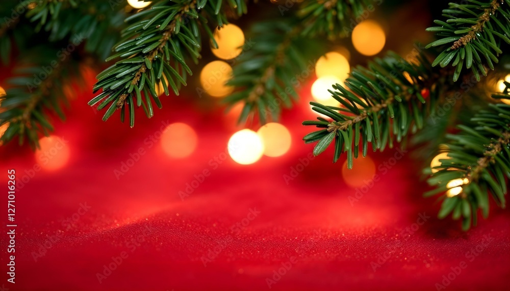 Ramas de árboles de Navidad y luces bokeh sobre un fondo de tela roja Ramas de árboles de Navidad y luces bokeh sobre un fondo de tela roja