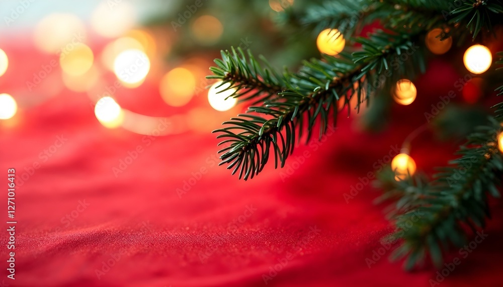 Obraz premium Ramas de árboles de Navidad y luces bokeh sobre un fondo de tela roja