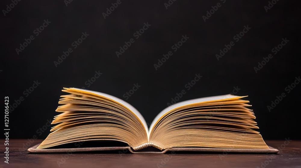 Fototapeta premium Open Antique Book with Yellowed Pages on Dark Wooden Table