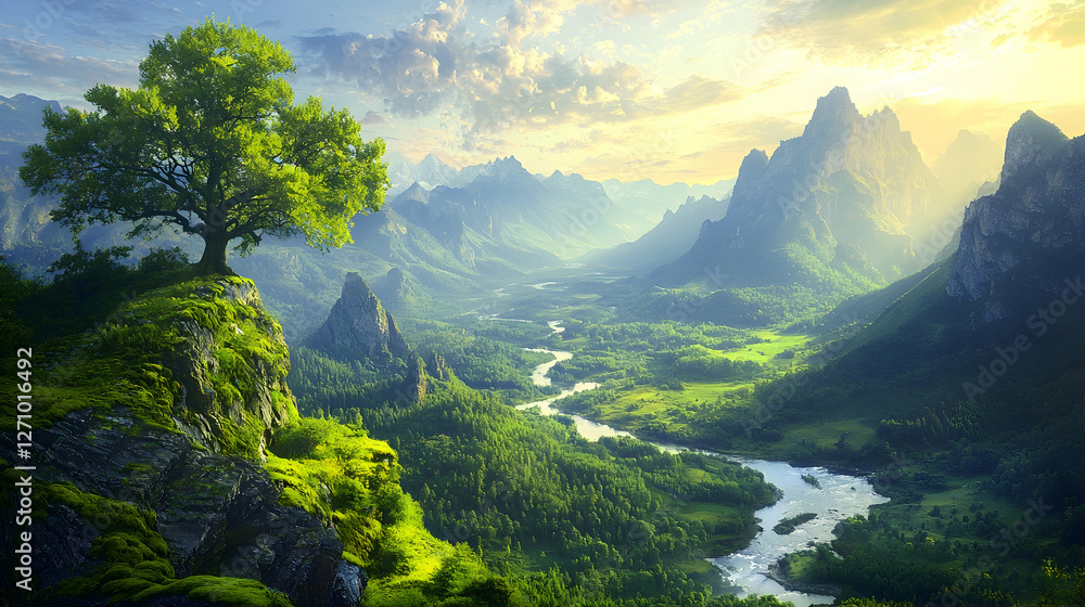 Obraz premium Solitary green tree stands on a rocky cliff overlooking a winding river flowing through a sunlit mountain valley.