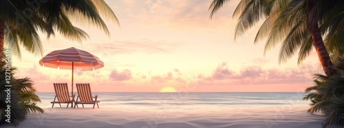 Tropical beach sunset scene with two lounge chairs under a beach umbrella.