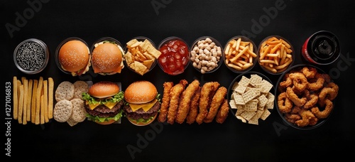 Overhead shot of various unhealthy fast food items including burgers, fries, onion rings, and snacks arranged on a dark surface. photo