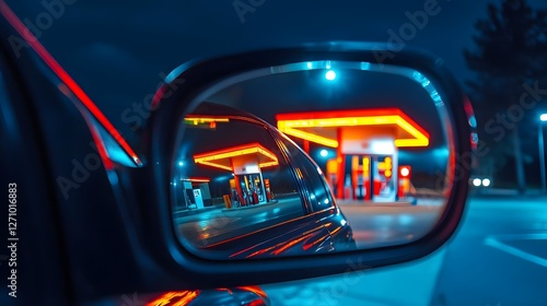 Nighttime view of a gas station illuminated with vibrant neon lights reflected in a car mirror