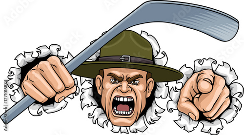 An angry drill instructor or sergeant bootcamp army soldier cartoon character holding hockey stick and pointing ice hockey sports team mascot illustration.
