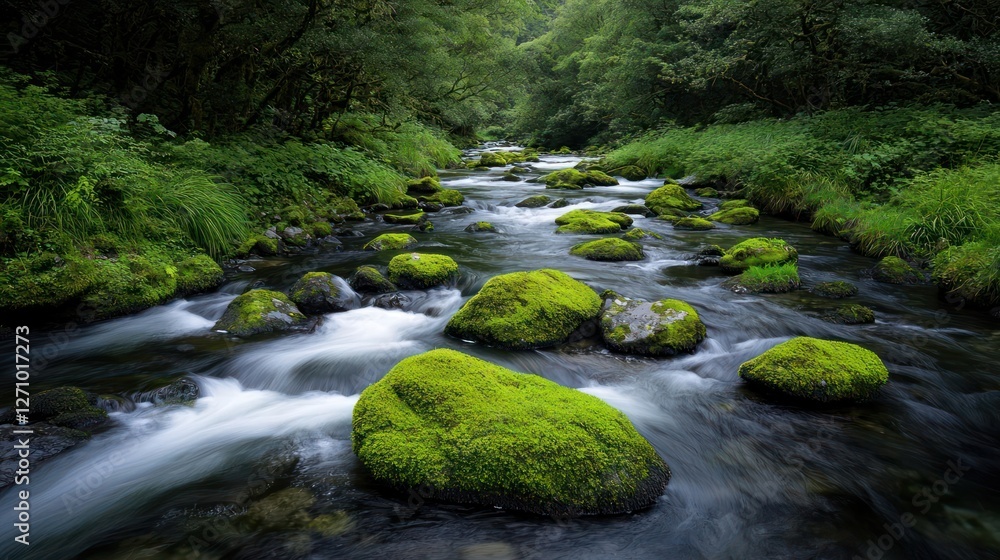 Fototapeta premium Lush Green Mossy Rocks in a Flowing Stream