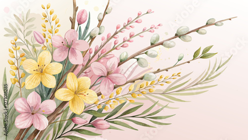 Watercolor floral arrangement with willow leaves and delicate blossoms in soft pink and yellow, festive Willow Sunday theme with copy space  