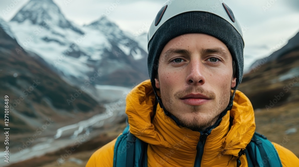 Outdoor Adventure climbing gear concept. A young climber in a yellow jacket and helmet stands against a stunning mountain backdrop, embodying the spirit of adventure and exploration. Outdoor Adventure climbing gear concept. A young climber in a yellow jacket and helmet stands against a stunning mountain backdrop, embodying the spirit of adventure and exploration.