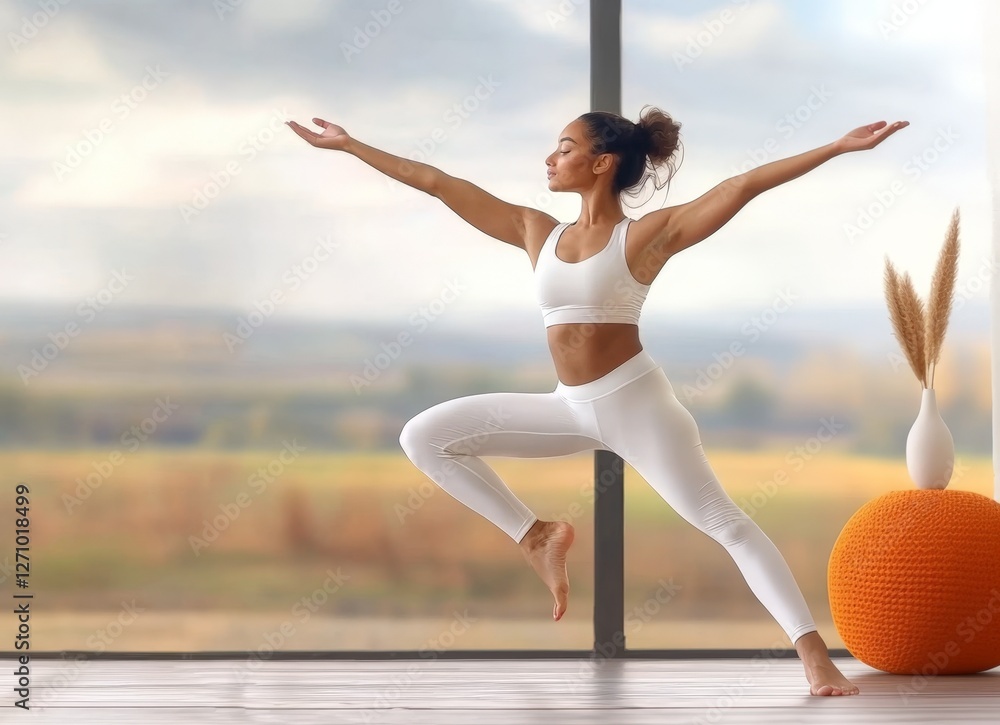 Fototapeta premium Woman in White Yoga Clothes Practicing Yoga Poses in Peaceful Natural Setting with Soft Light Creating a Tranquil and Invigorating Atmosphere