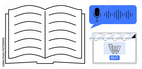 Open book beside blue speech bubble with microphone icon and voice waveform, small online storefront, shopping cart, and buy button. Ideal for e-commerce, digital store, online shopping, voice