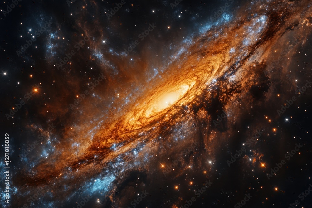 Fototapeta premium A vibrant spiral galaxy with swirling arms of gas and dust, glowing stars, and cosmic nebulae.