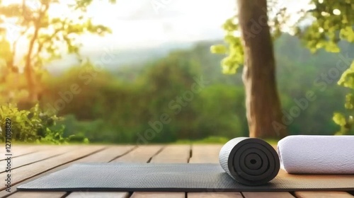Yoga Mat Resting on Rustic Wooden Table Surrounded by Lush Green Background Creating a Tranquil and Inviting Atmosphere for Mindful Practice