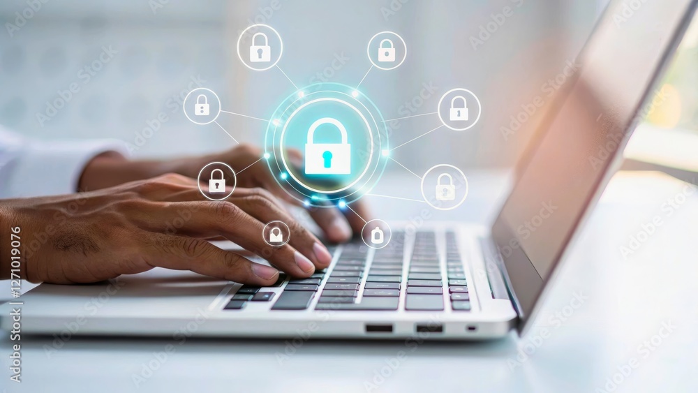 Obraz premium Secure Data Management with Laptop and Digital Lock Interface for Cybersecurity Concept