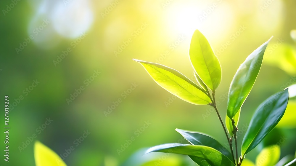 Fototapeta premium Bright green leaves illuminated by sunlight creating a serene natural atmosphere : Generative AI