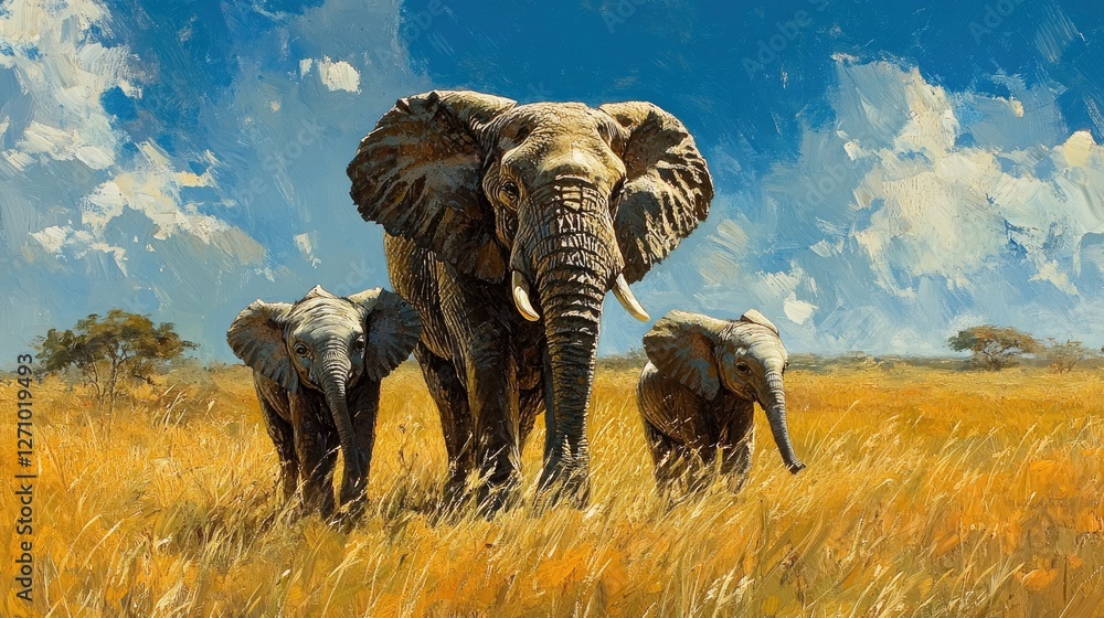 Fototapeta premium Elephant family in African savanna, sunny day, tall grass