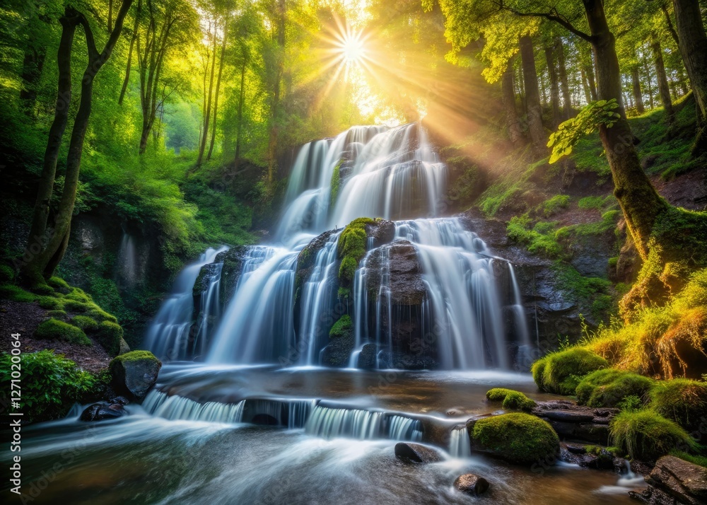 Fototapeta premium Lush summer forest bathed in morning light; a waterfall's silhouette a dramatic scene.