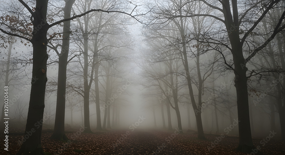 Naklejka premium Heavy fog obscuring forest path trees fading into mist uncertainty