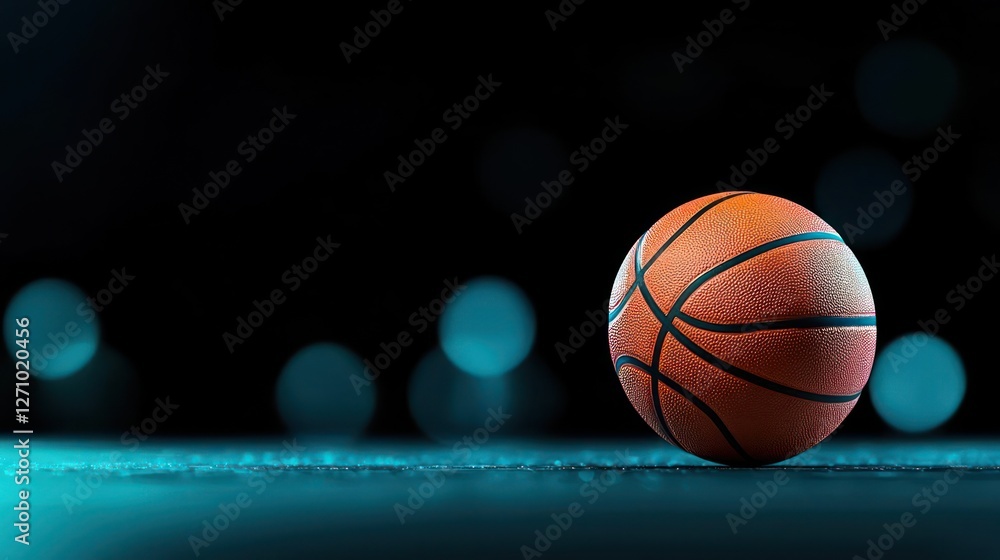 Close Up of a Wet Orange Basketball on Dark Blue Court with Bokeh Lights Close Up of a Wet Orange Basketball on Dark Blue Court with Bokeh Lights