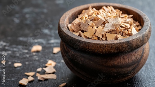 Natural dried wood shavings in rustic wooden bowl for crafting and home decor projects : Generative AI photo