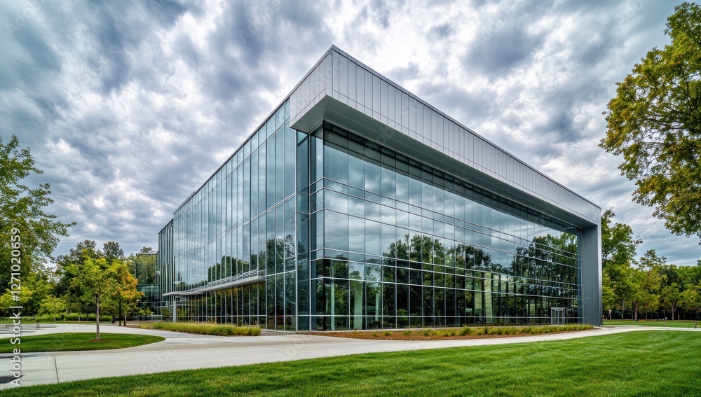 Fototapeta premium Modern glass building with green lawn and trees under a cloudy sky.