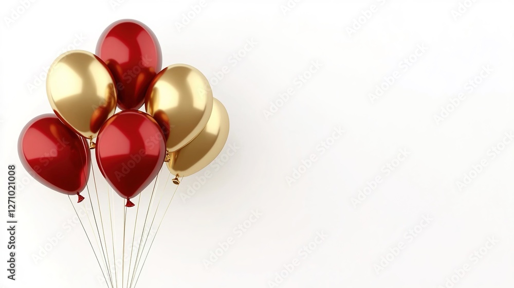 3D realistic red and gold balloons on a white background, minimalist style 3D realistic red and gold balloons on a white background, minimalist style