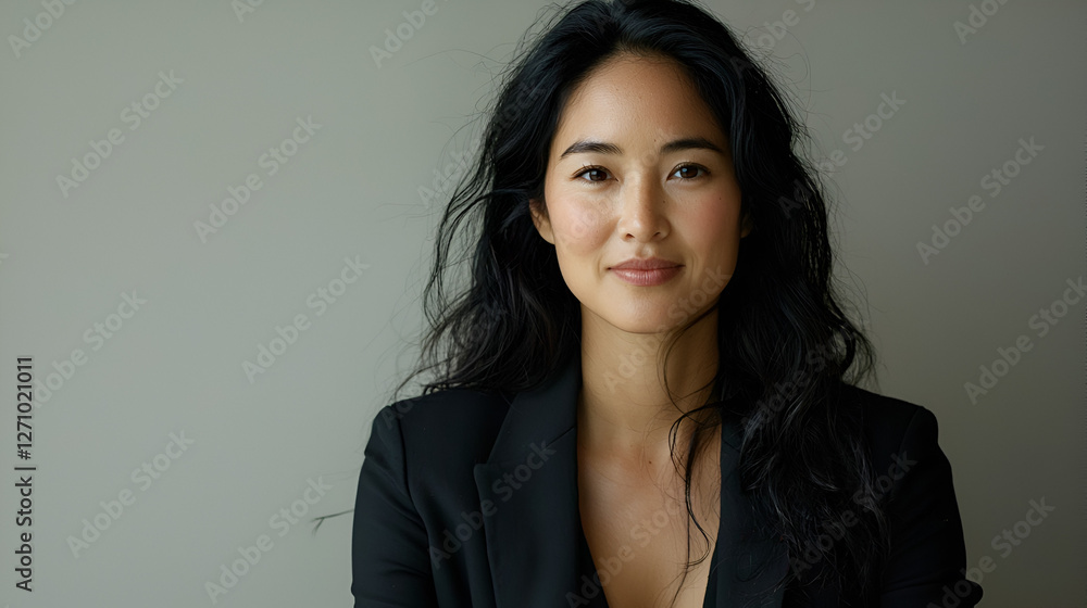 Confident professional woman with striking black hair and a sleek black blazer poses against a neutral backdrop. Confident professional woman with striking black hair and a sleek black blazer poses against a neutral backdrop.