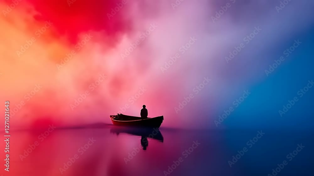 A solitary figure in a boat on a tranquil lake, surrounded by vibrant fog and colorful reflections A solitary figure in a boat on a tranquil lake, surrounded by vibrant fog and colorful reflections