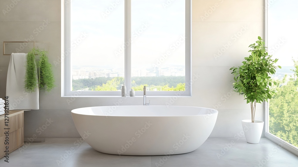 Modern bathroom with a sleek oval bathtub and large windows offering a serene view of nature outside : Generative AI Modern bathroom with a sleek oval bathtub and large windows offering a serene view of nature outside : Generative AI
