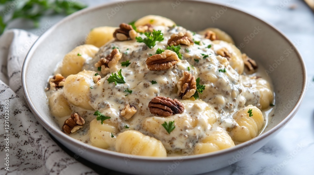 Bowl of gnocchi a creamy Gorgonzola sauce garnished with walnuts and parsley Bowl of gnocchi a creamy Gorgonzola sauce garnished with walnuts and parsley