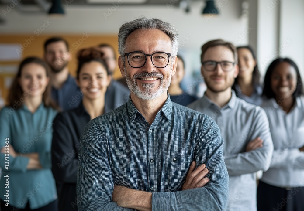 A diverse group of smiling businesspeople standing in an office, representing diversity and unity within the company. A diverse group of smiling businesspeople standing in an office, representing diversity and unity within the company.