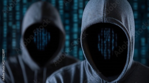 Mysterious figures cloaked in hoods representing the theme of cyber security and digital threats : Generative AI photo