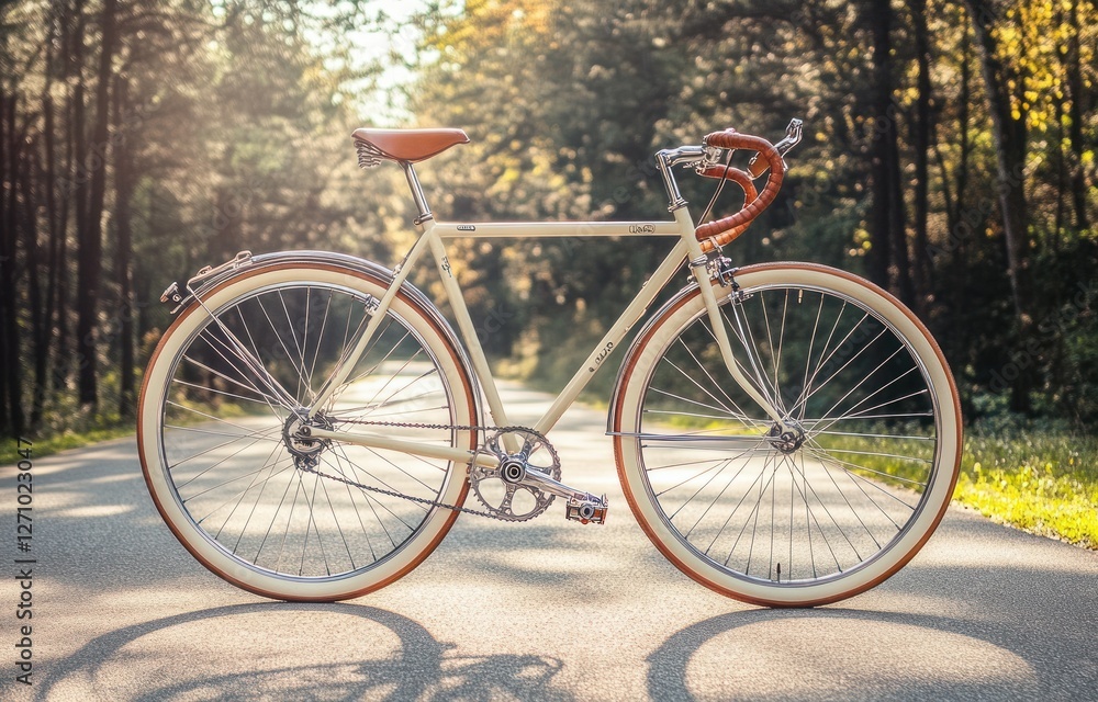 Cream bicycle parked on a tree-lined road. Cream bicycle parked on a tree-lined road.