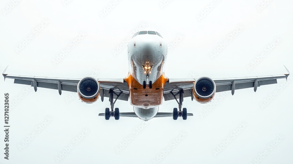 Naklejka premium Aerial View of Commercial Aircraft Approaching Landing with Clear Sky and Cloudy Background, Perfect Representation of Aviation and Travel Concepts