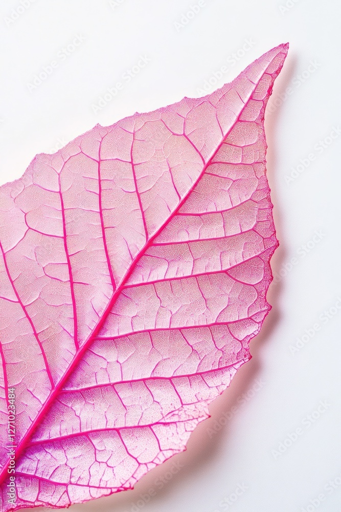 Fototapeta premium Close-up of a single, vibrant pink leaf with visible veins against a white background.