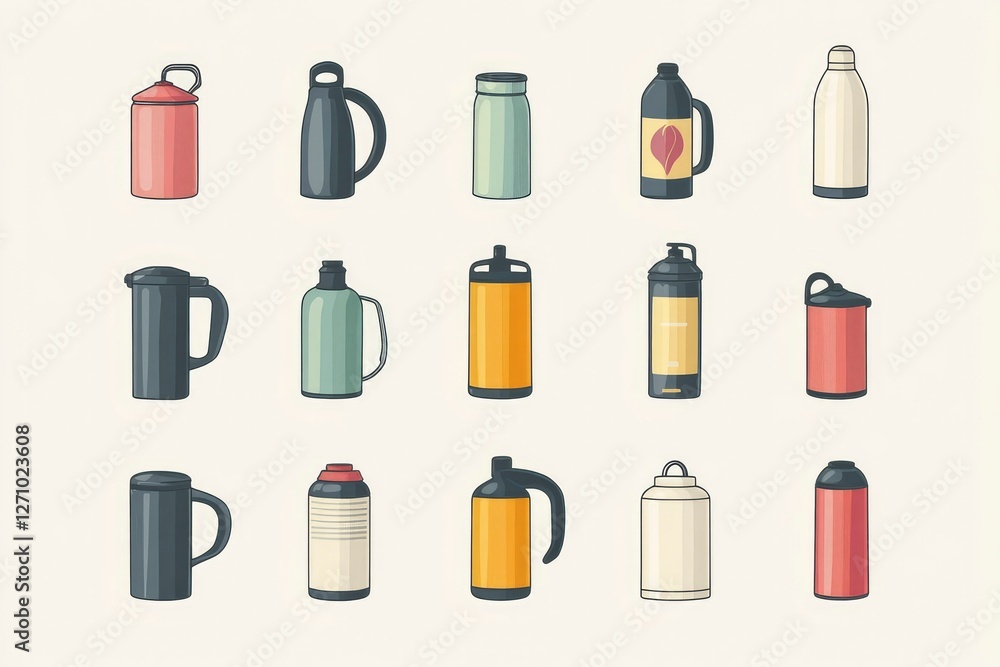 Fototapeta premium icons of various thermoses vector style minimalism