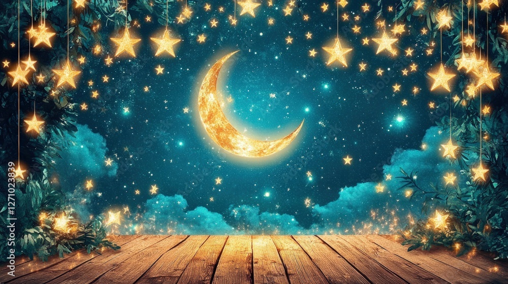 Fototapeta premium Enchanting Night Sky with Moon and Stars Over a Rustic Wooden Deck