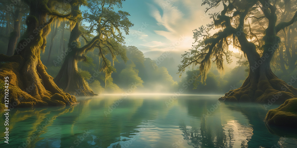 Fototapeta premium A breathtakingly beautiful nature background wallpaper featuring a majestic lake, serene, and intriguing scene that exudes tranquility, with lush, emerald-green foliage. create by generative ai