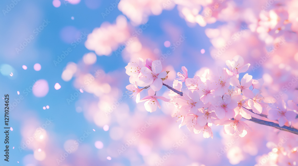 A detailed close-up of vibrant pink cherry blossom flowers on a tree branch, illuminated by soft natural sunlight. A detailed close-up of vibrant pink cherry blossom flowers on a tree branch, illuminated by soft natural sunlight.