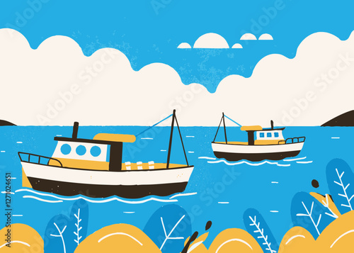 Fishery, image illustration of a boat fishing for fish. Cute touch.