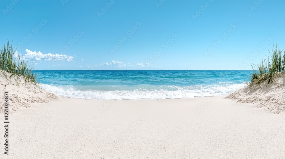 Sandy beach, ocean waves, summer sky, tranquil scene; travel brochure Sandy beach, ocean waves, summer sky, tranquil scene; travel brochure