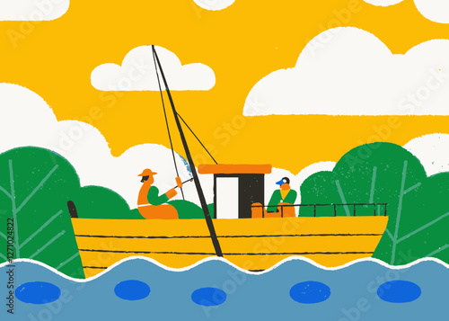 Fishery, image illustration of a boat fishing for fish. Cute touch.