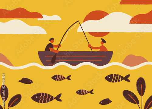 Fishery, image illustration of a boat fishing for fish. Cute touch.