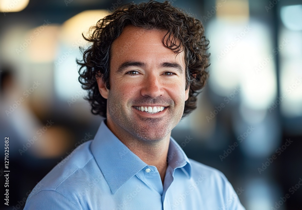 A portrait of an attractive man in his late thirties with curly hair , smiling confidently at the camera. A portrait of an attractive man in his late thirties with curly hair , smiling confidently at the camera.