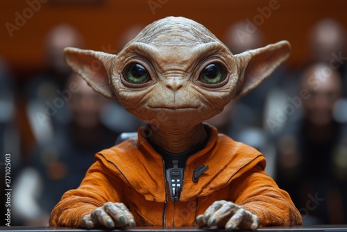 Iconic alien character sitting in an authoritative setting during a crucial gathering in a sci-fi universe