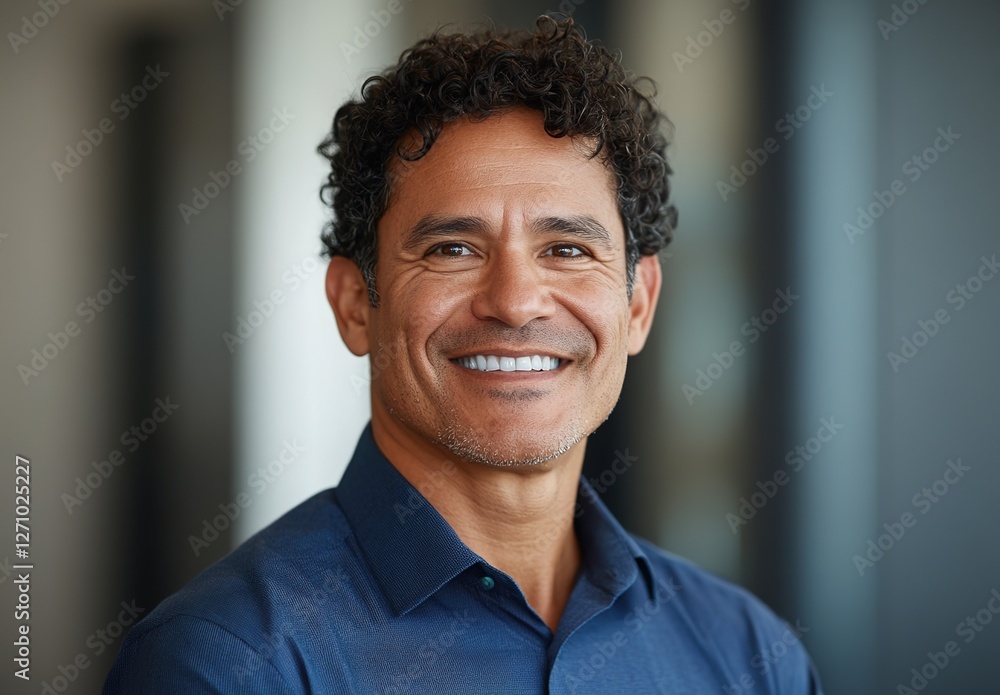 A portrait of an attractive man in his late thirties with curly hair , smiling confidently at the camera. A portrait of an attractive man in his late thirties with curly hair , smiling confidently at the camera.