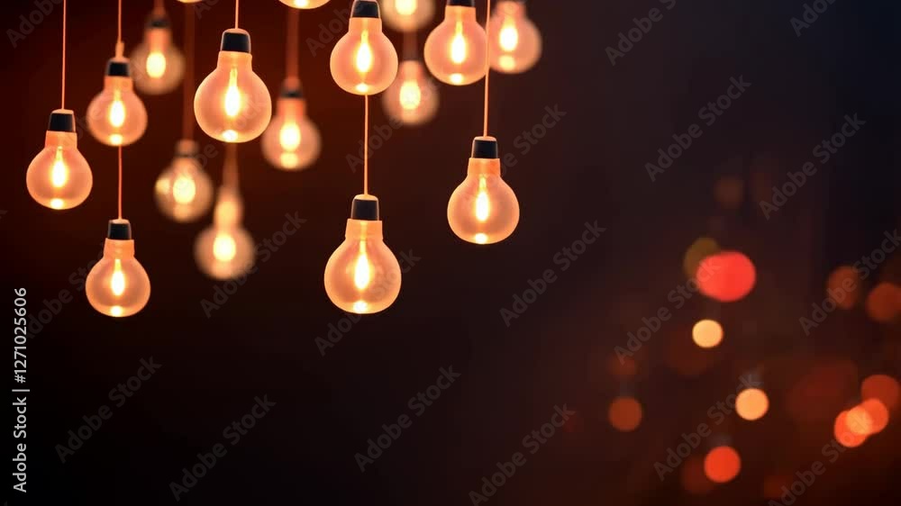 Warm glowing light bulbs hang creating cozy atmosphere, vintage Edison style, interior design, illumination, electricity, decoration, romantic, background. Warm glowing light bulbs hang creating cozy atmosphere, vintage Edison style, interior design, illumination, electricity, decoration, romantic, background.