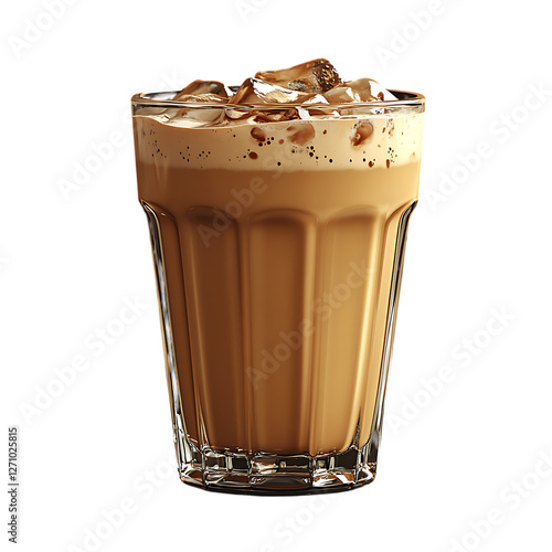 Realistic 3D render of iced coffee with cream in a glass on transparent background.