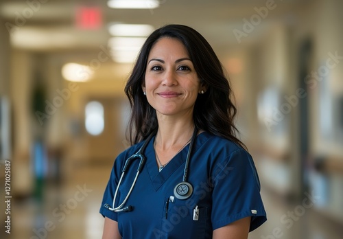 Free Download A portrait of an attractive nurse with dark hair, wearing blue scrubs and stethoscope around her neck, smiling softly while standing in the hospital hall with blurred background. - GFXLoad