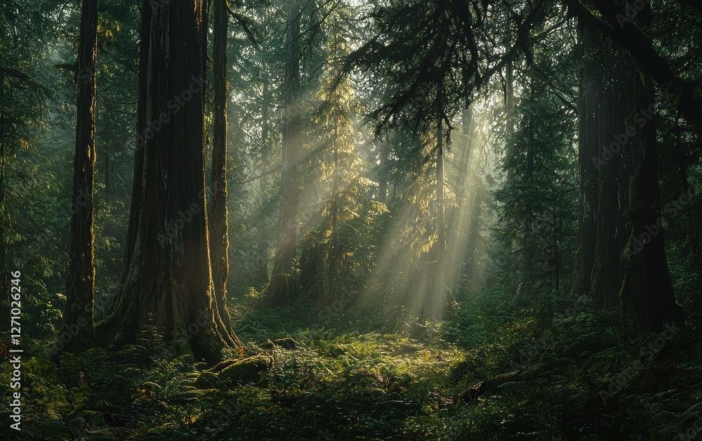 Obraz premium A beautiful forest untouched by pollution, sunlight beaming through trees