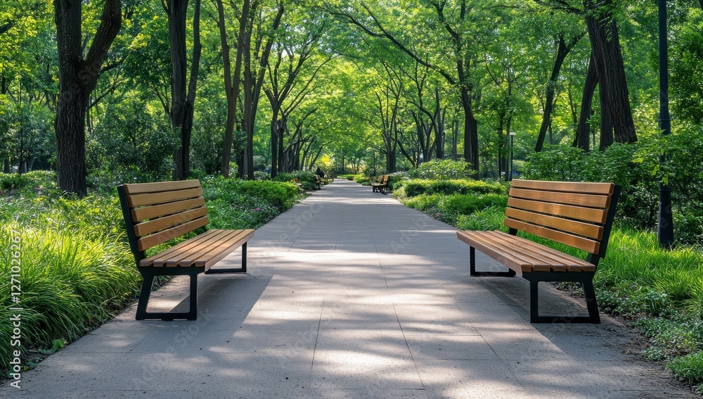 Sunny path lined with trees and benches in a park. Sunny path lined with trees and benches in a park.