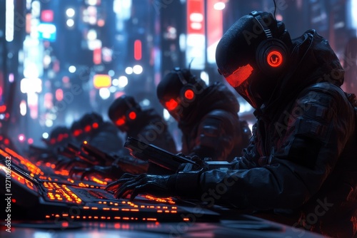 Futuristic hackers in neon-lit cityscape engaging in covert operations during the night